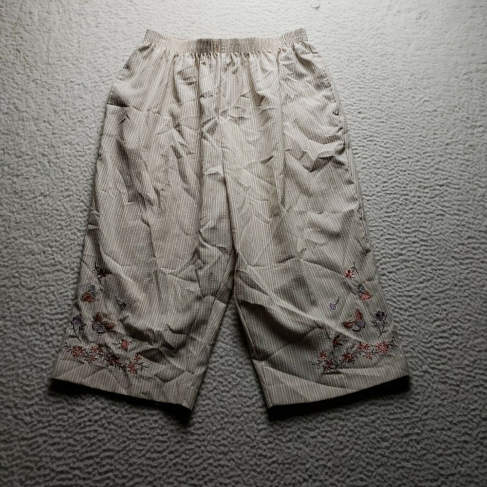 BonWorth Capri Pants Womens L Beige Crepe Pull On Elastic Waist Embroidered